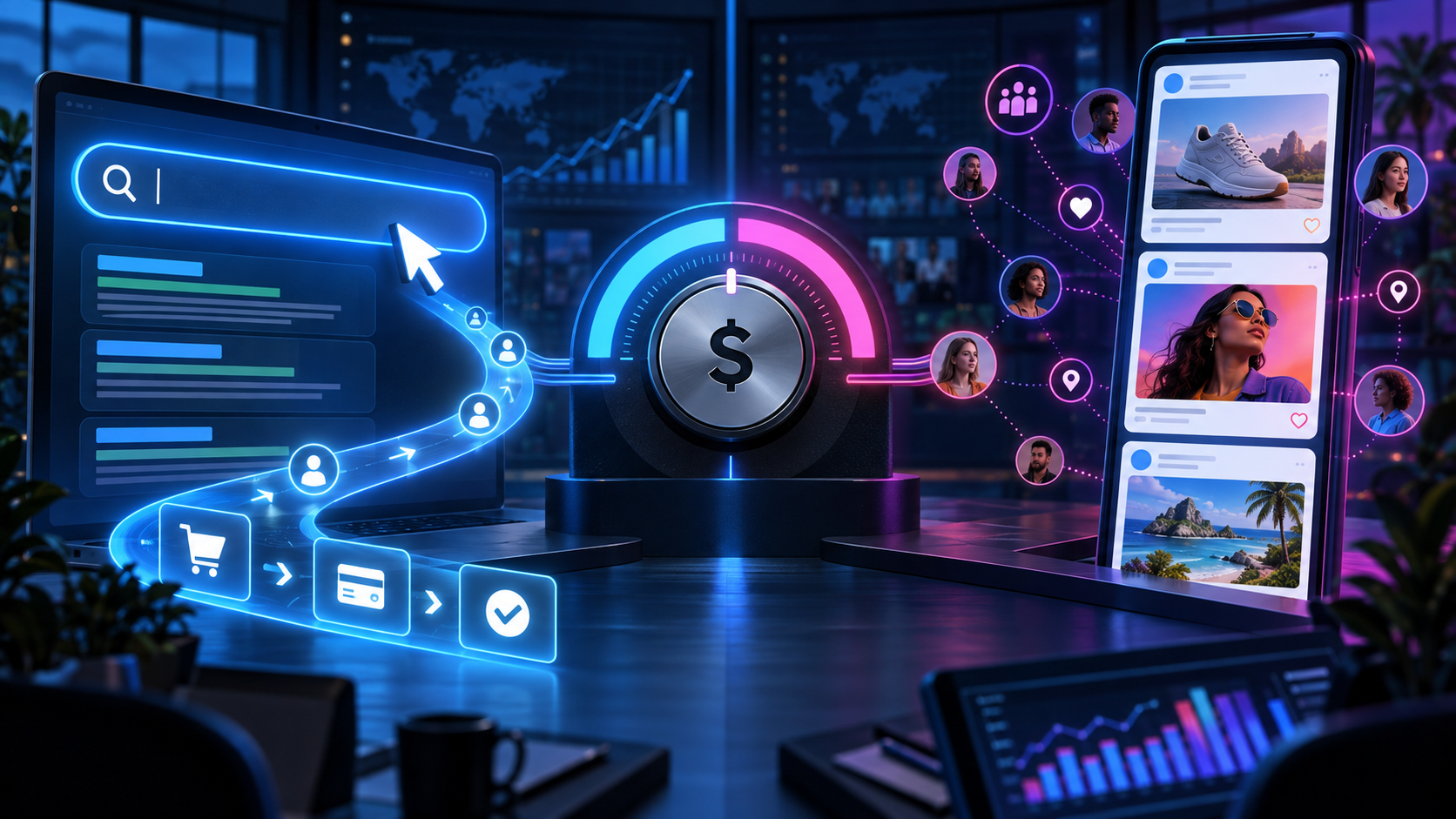 Advertising budget dial balancing search ads and social feed ads
