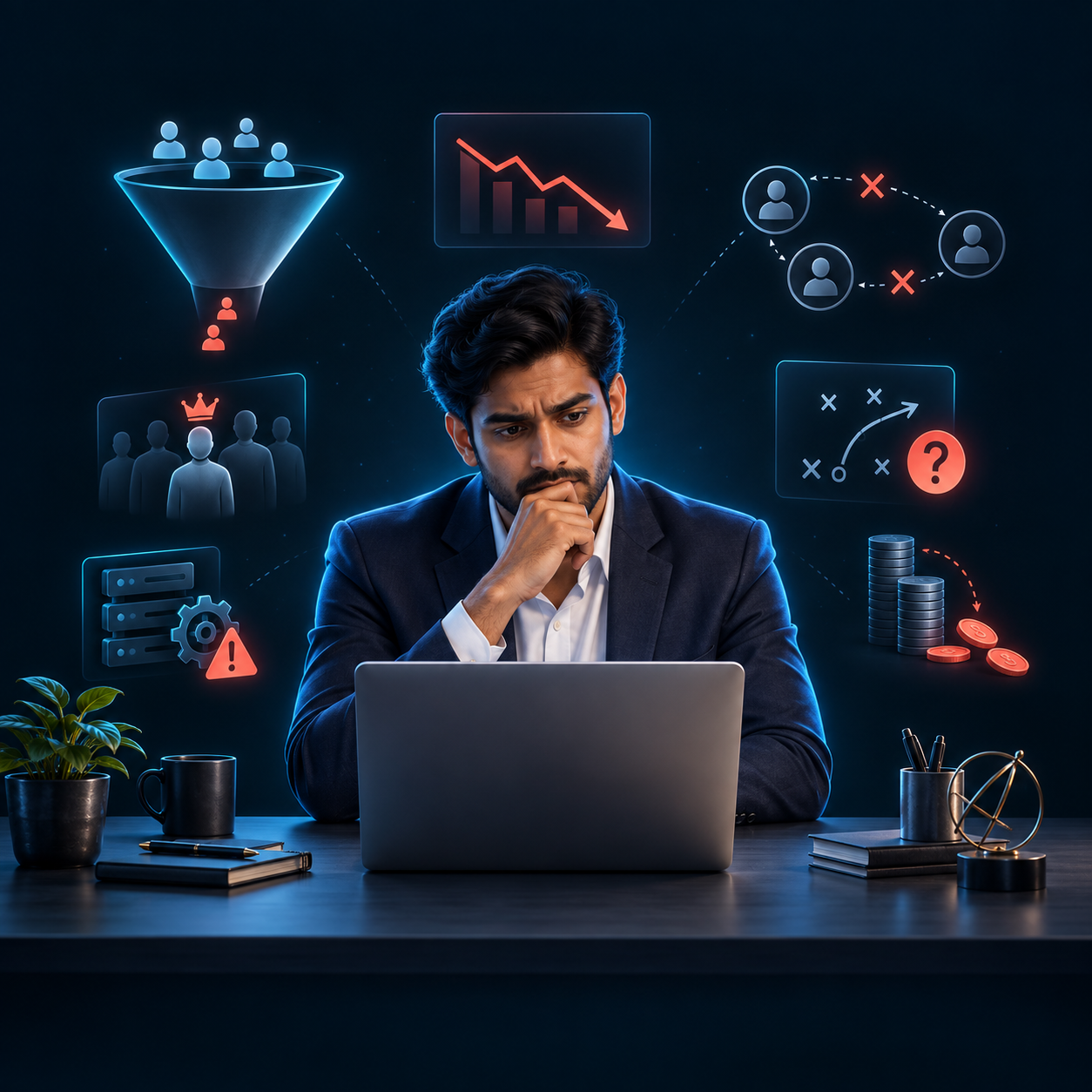 Business owner reviewing lead generation, marketing returns, technology and growth challenges